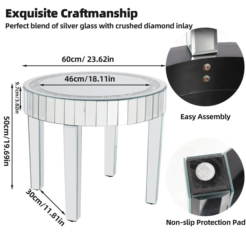 Crushed Crystal Mirrored Coffee Table 60cm Round Accent Table Leisure Table