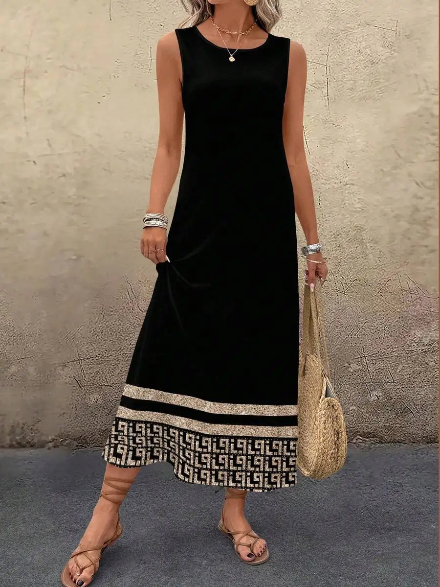 Black Sleeveless Midi Dress with Geometric Print Hem, Loose Fit for Summer Casual Wear