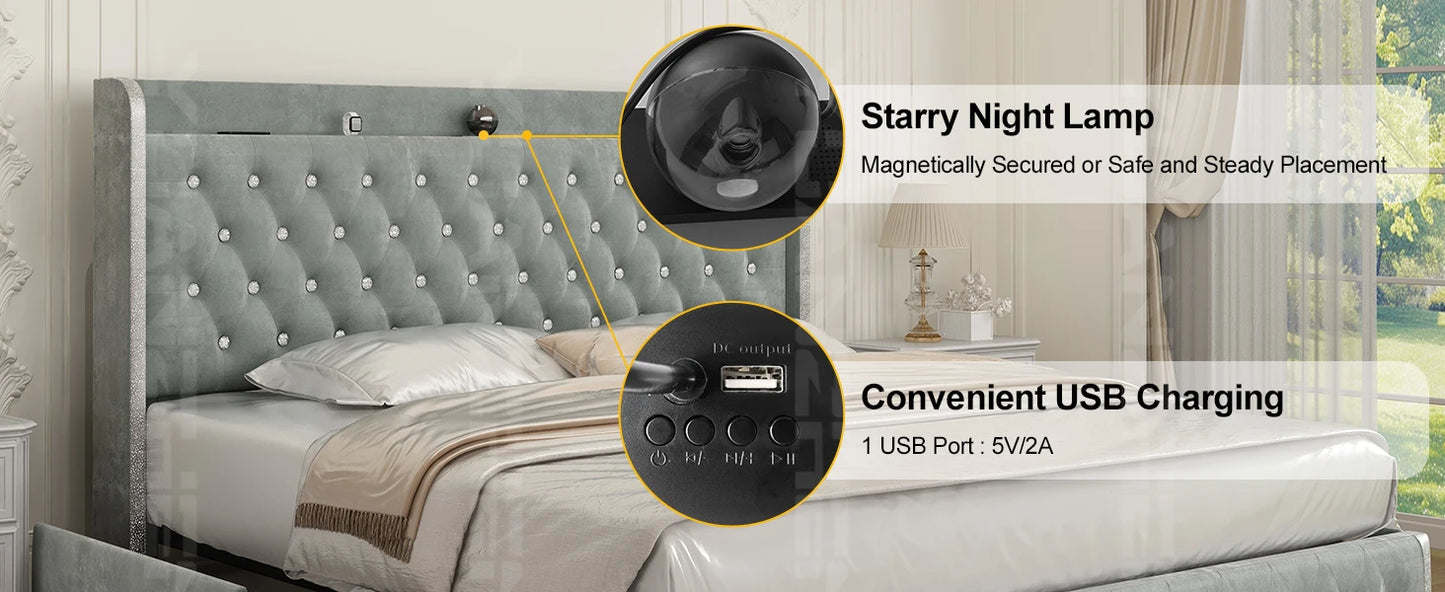 GEGOFORU Queen LED Bed Frame with Galaxy Projector, Bluetooth Speaker, USB Ports, 4 Drawers, No Box Spring Needed, PU Black