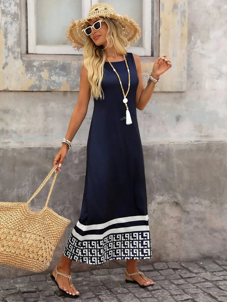 Black Sleeveless Midi Dress with Geometric Print Hem, Loose Fit for Summer Casual Wear