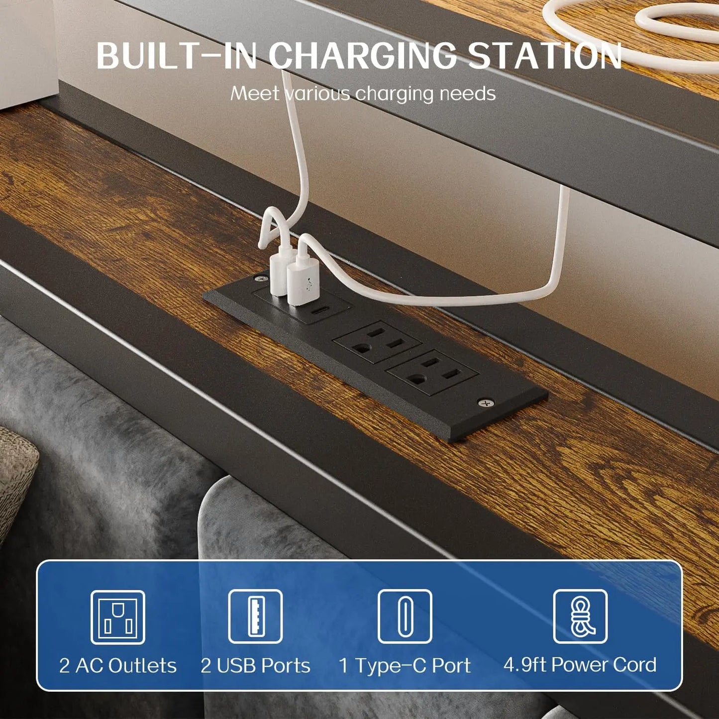 LED Platform Bed Frame With Upholstered Headboard, Storage, Charging Station