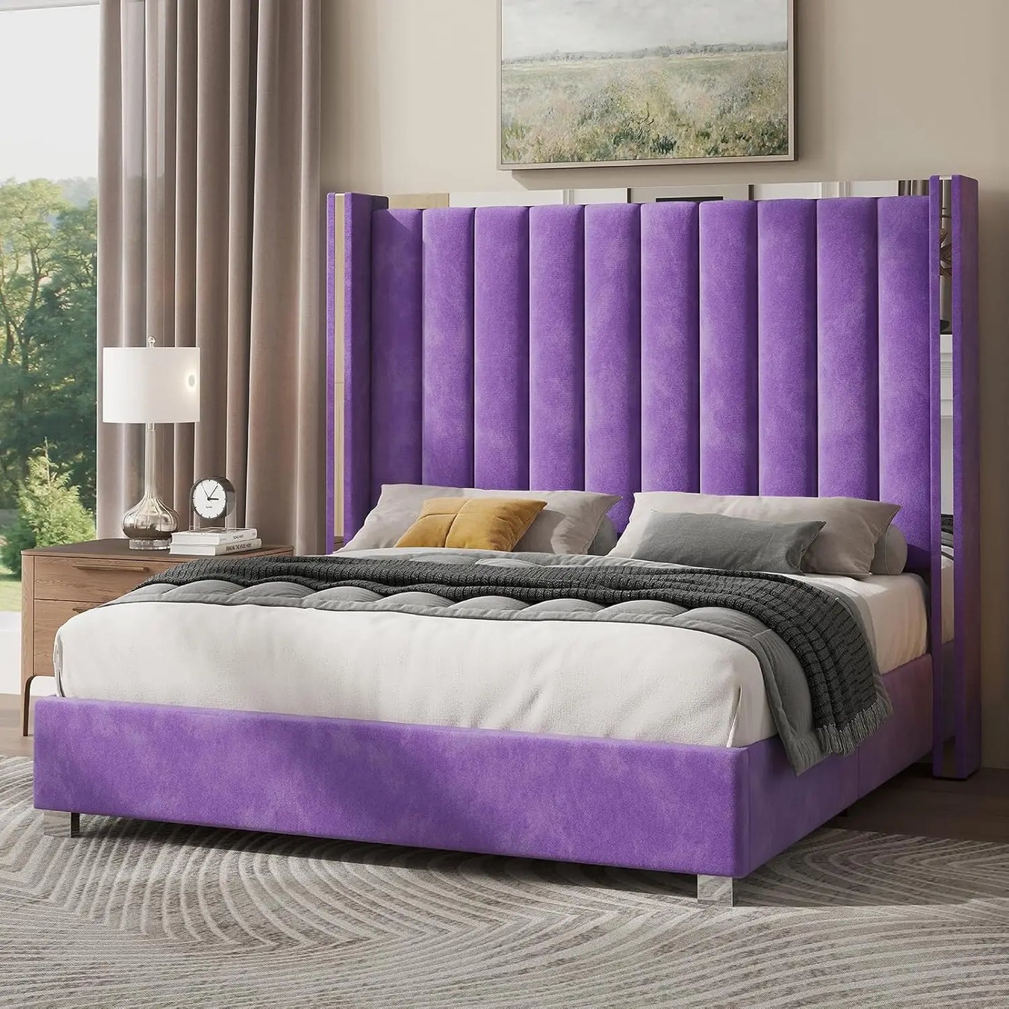 Velvet Upholstered Platform Bed Frame With Chrome Accents
