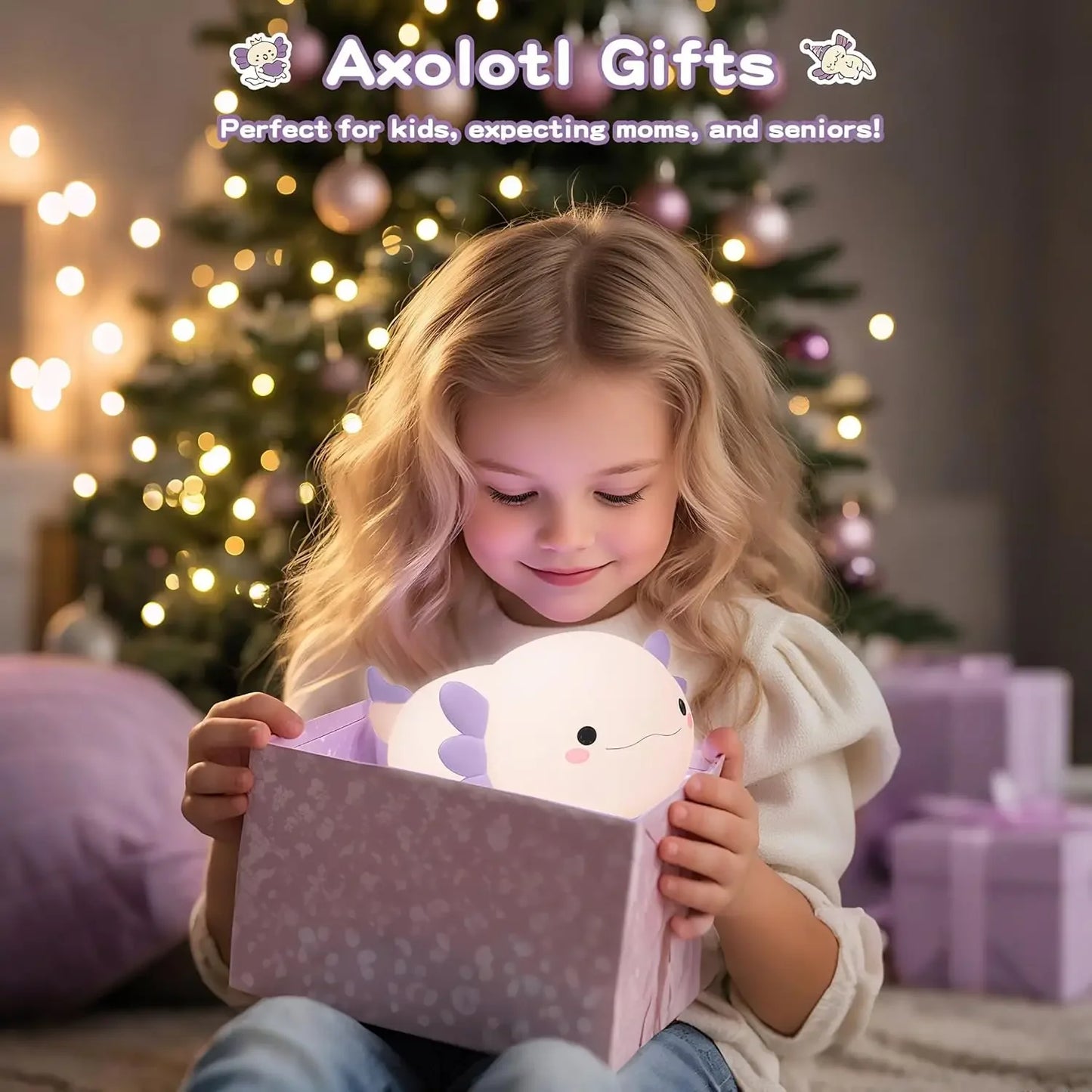 Night Light for Kids,Cute Purple Axolotl Lamp ,LED Squishy Nursery Nightlight,  Soft Silicone Novelty Animal Bedside Lamp