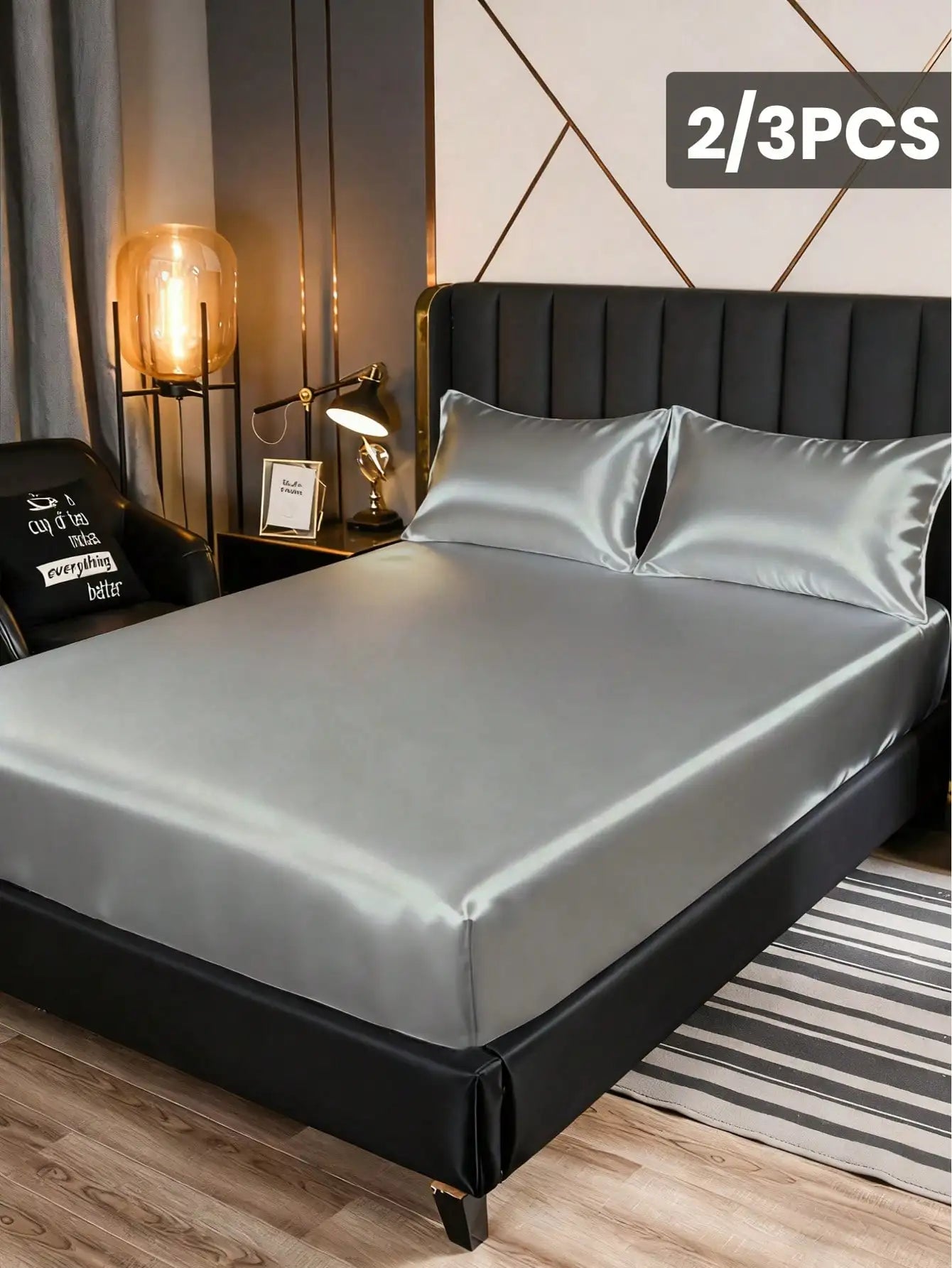 2/3pcs Satin Fitted Sheet Set with Pillowcases, Solid Color, Deep Pocket, Soft & Cool Touch for Queen/King Bed