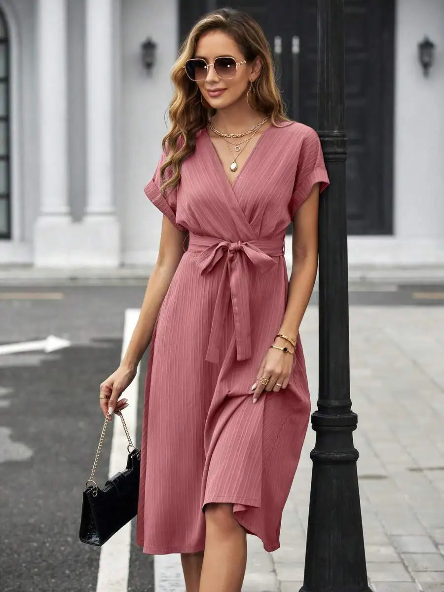 V-Neck Wrap Midi Dress with Self Belt, Short Sleeve, Solid Color, A-Line Fit