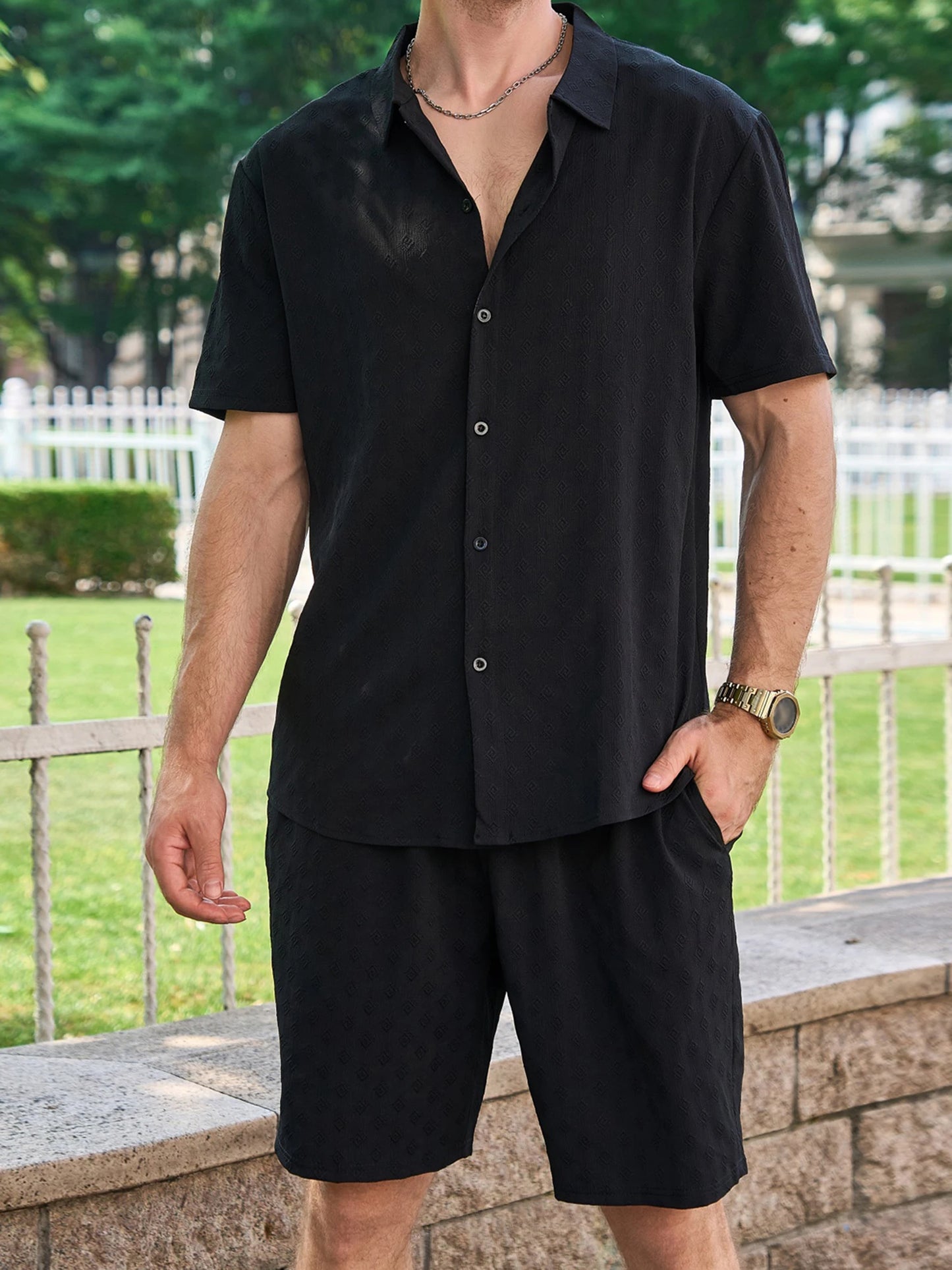Casual Men s Summer Outfit Stylish Solid Color Jacquard Short Sleeve Shirt and Elastic Beach Shorts for Streetwear Fashion