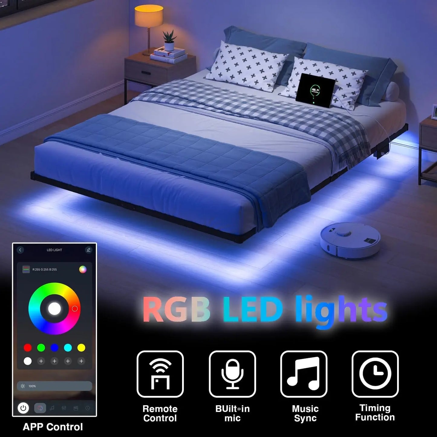 Floating Queen Bed Frame With LED Lights And Charging Station