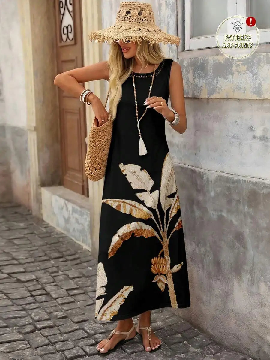 Black Sleeveless Midi Dress with Geometric Print Hem, Loose Fit for Summer Casual Wear