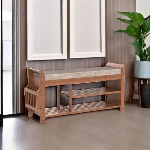 2-Tier Bamboo Shoe Bench with Hidden Drawer, Side Holder, and Cushion for Entryway Storage
