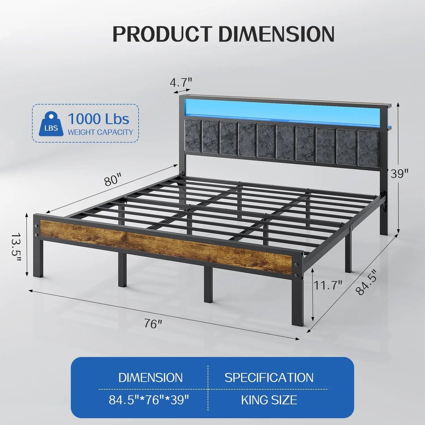 LED Platform Bed Frame With Upholstered Headboard, Storage, Charging Station