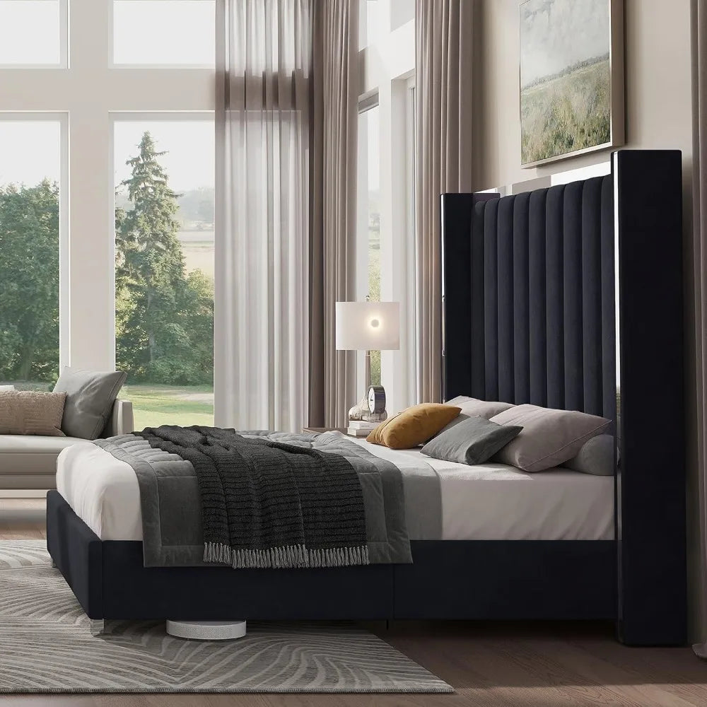 Velvet Upholstered Platform Bed Frame With Chrome Accents