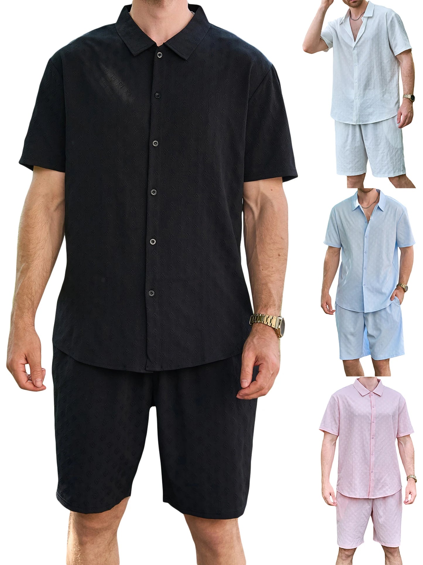 Casual Men s Summer Outfit Stylish Solid Color Jacquard Short Sleeve Shirt and Elastic Beach Shorts for Streetwear Fashion