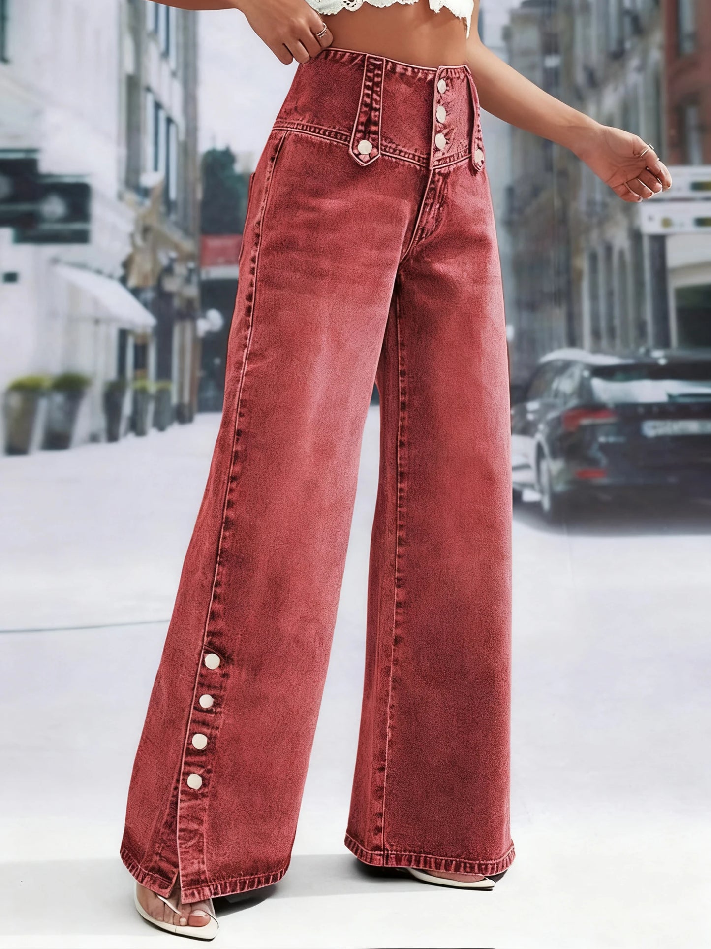 Ladies' vintage red-brown wide-leg jeans. Multiple buttons, slightly stretchy, mid-rise, casual and fashionable denim trousers.