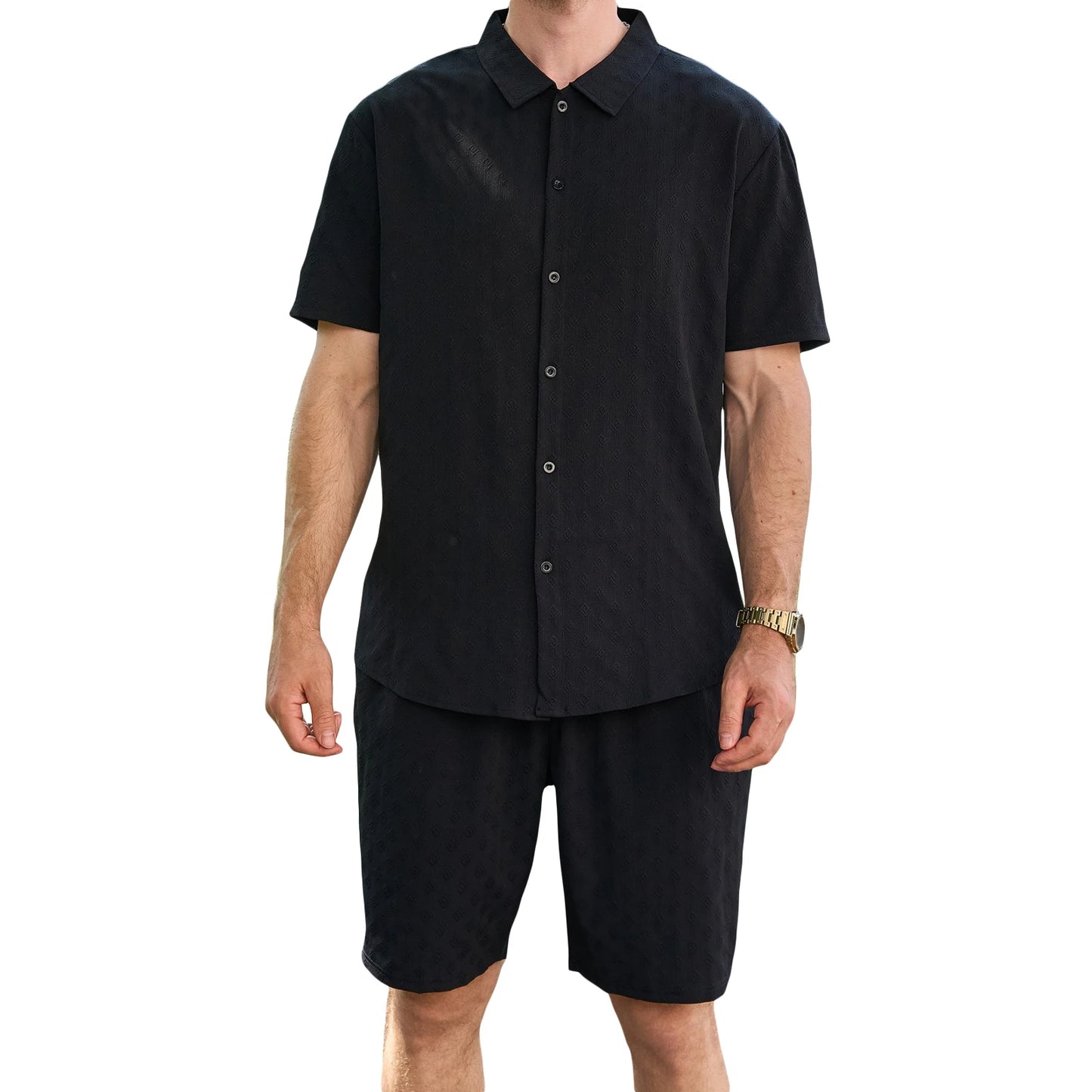 Casual Men s Summer Outfit Stylish Solid Color Jacquard Short Sleeve Shirt and Elastic Beach Shorts for Streetwear Fashion