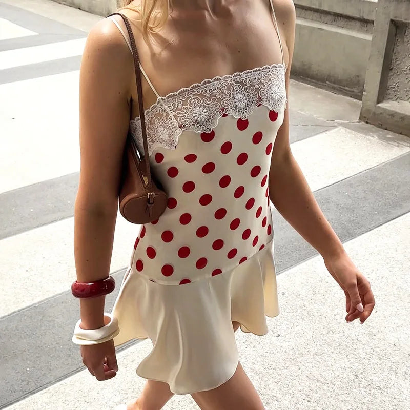 Lace Polka Dot Mini Skirt Sexy Patchwork Backless Slim Fit Camisole Dress Summer Fashion Retro Pure Desire Satin Soft Skin-Friendly A-Line Party Vacation Dress