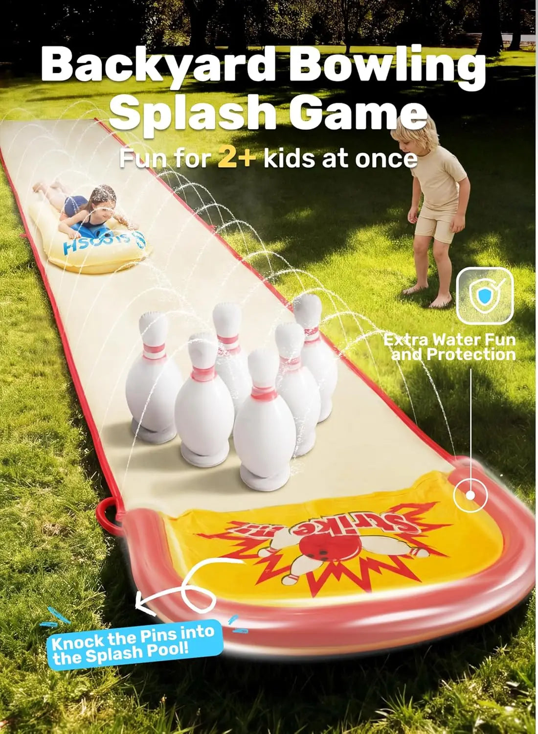 20FT Lawn Water Slide Bowling Game Set with Built-in Sprinkler, Summer Slip Waterslide Toy for Backyard Outdoor Fun