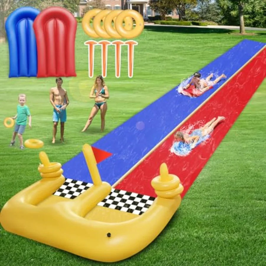 30×5.6FT Lawn Water Slide and 2 InflatableBoards 4 Ring Toss Extra Long Double Lawn Splash Mat Pad with Sprinkler for Adults Ba