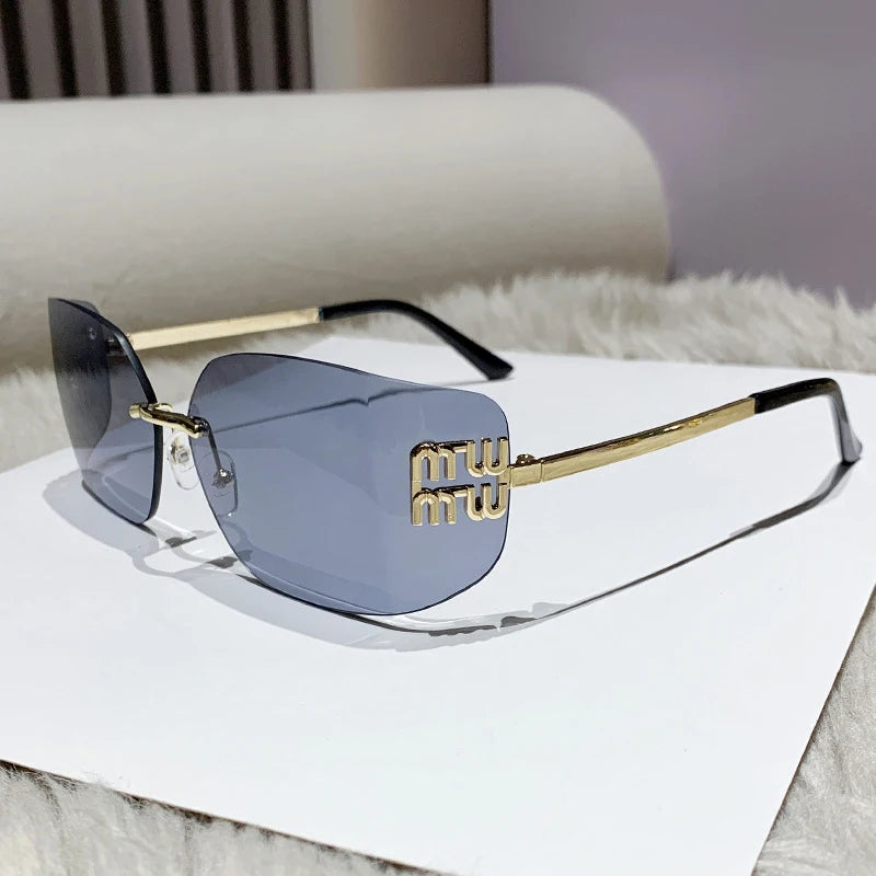1pc Classic Sun Glasses Female Funky Metal Luxury Rimless Sunglasses Women BrandDesigner Rivets Rectangle Gradient Curved Shades