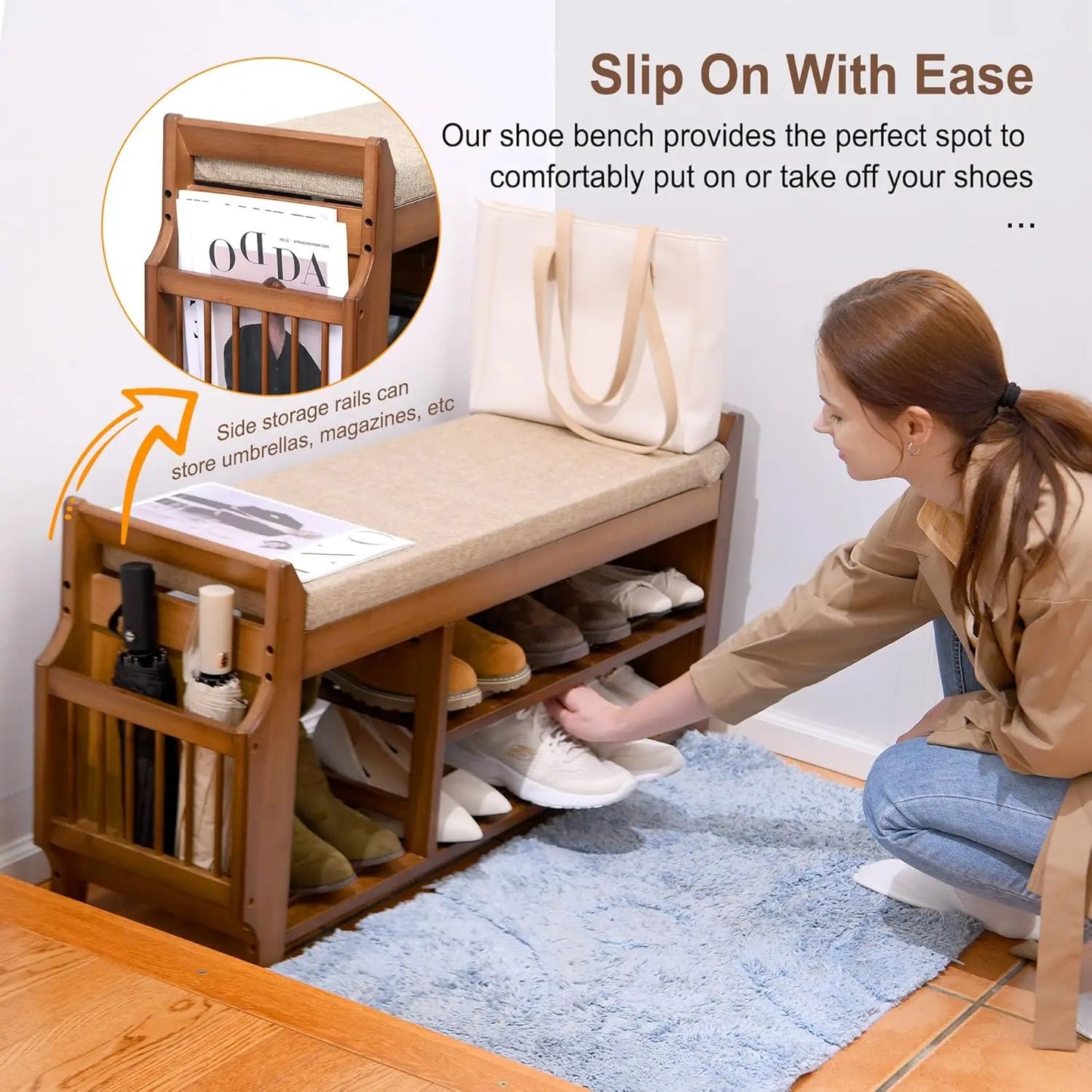 2-Tier Bamboo Shoe Bench with Hidden Drawer, Side Holder, and Cushion for Entryway Storage