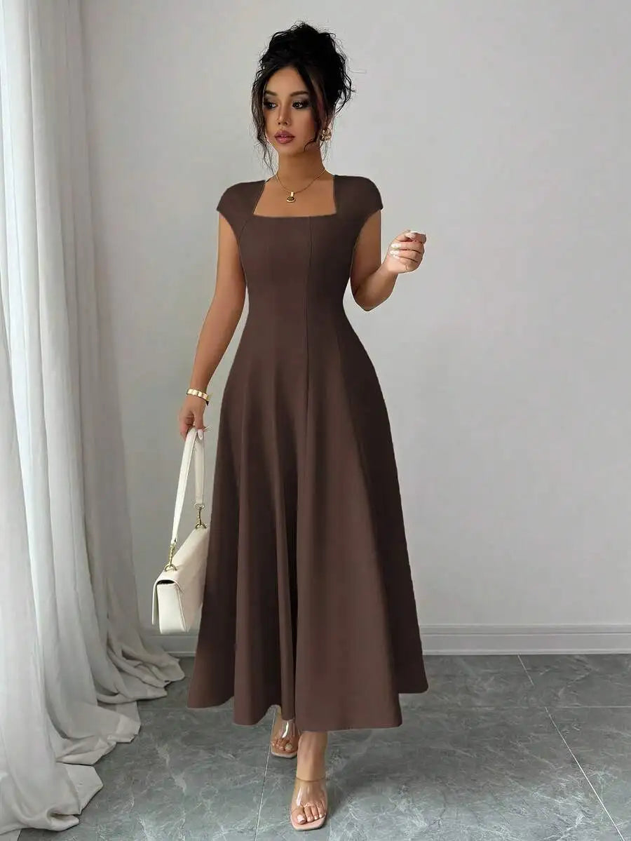 Elegant Square Neck A Line Midi Dress For Spring Summer