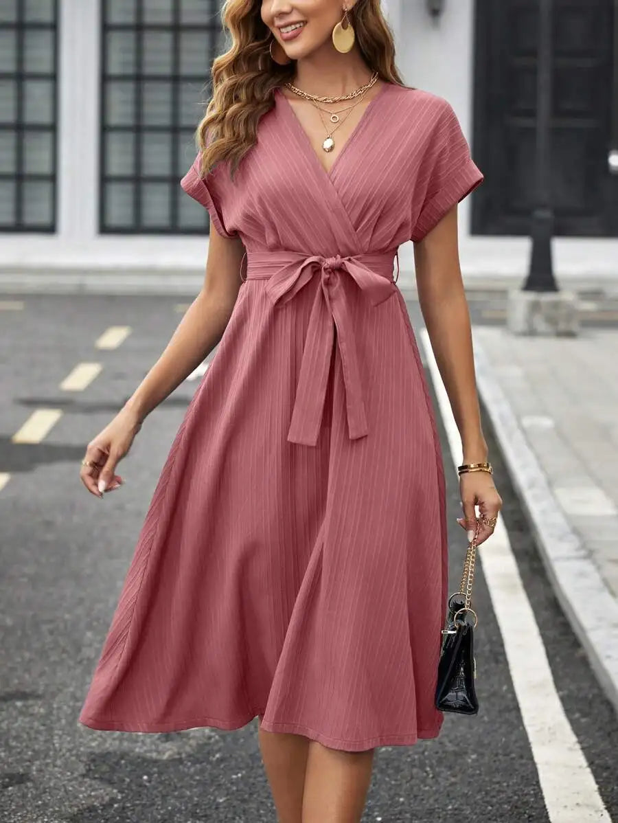V-Neck Wrap Midi Dress with Self Belt, Short Sleeve, Solid Color, A-Line Fit