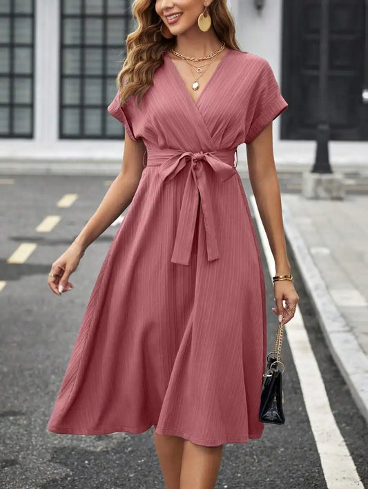 V-Neck Wrap Midi Dress with Self Belt, Short Sleeve, Solid Color, A-Line Fit
