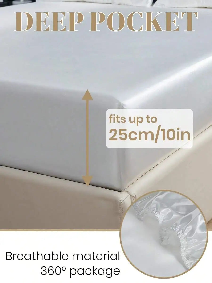 2/3pcs Satin Fitted Sheet Set with Pillowcases, Solid Color, Deep Pocket, Soft & Cool Touch for Queen/King Bed