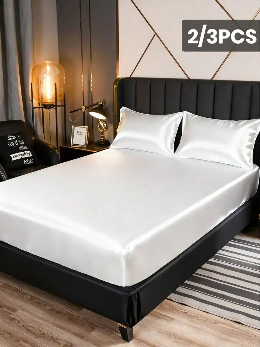 2/3pcs Satin Fitted Sheet Set with Pillowcases, Solid Color, Deep Pocket, Soft & Cool Touch for Queen/King Bed