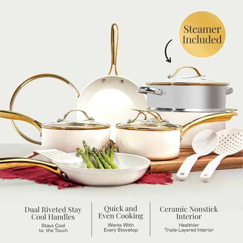 New style 15 Pc Ceramic Cookware Set, Ceramic Pots and Pans Set Non Stick with Cooking Utensils and Steamer, Non Toxic