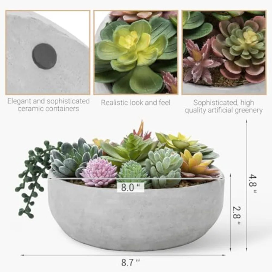 8 Inch Round Modern Artificial Succulent Arrangement Potted in Gray Concrete Plant Bowl Assorted Faux Mini Succulents in a Deco