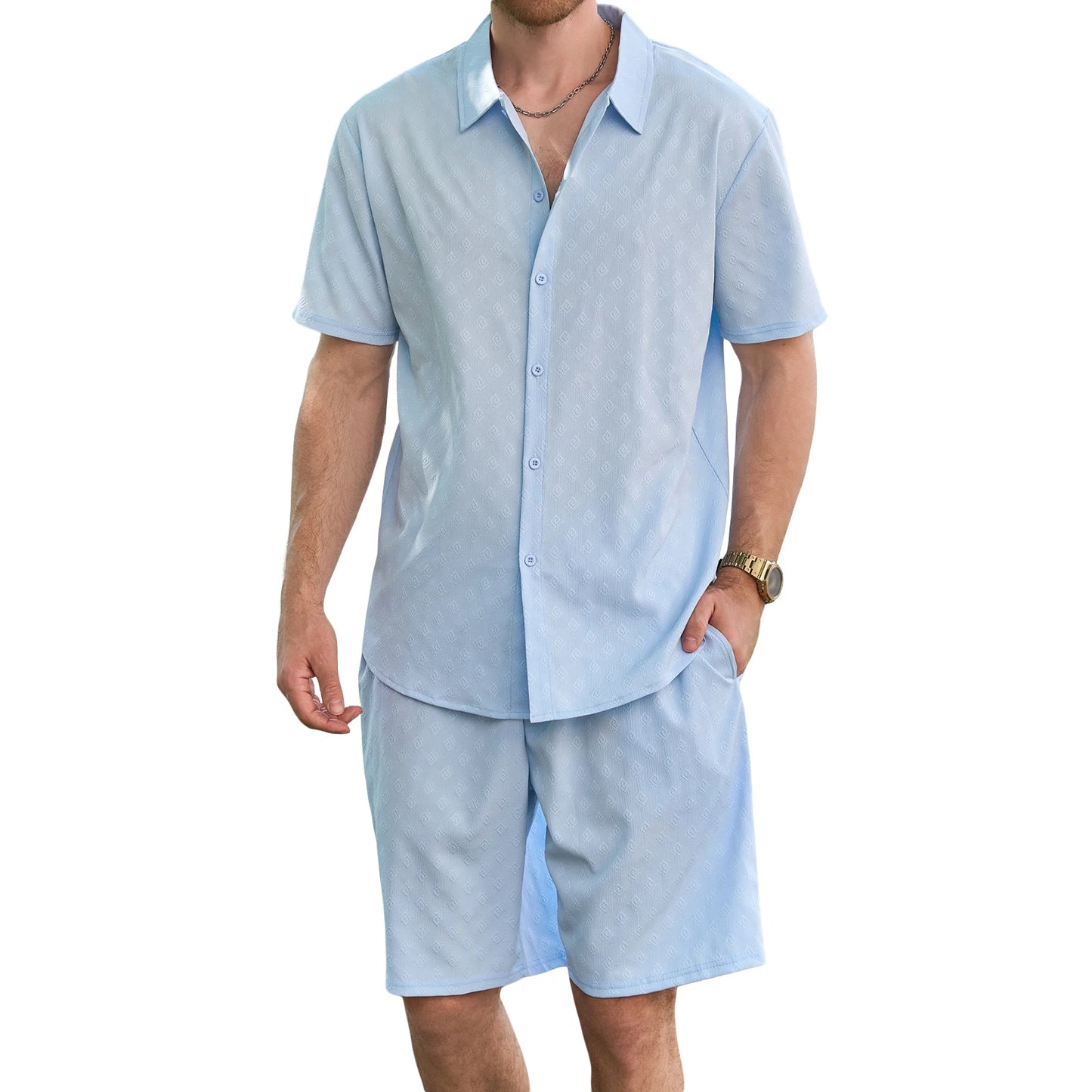 Casual Men s Summer Outfit Stylish Solid Color Jacquard Short Sleeve Shirt and Elastic Beach Shorts for Streetwear Fashion