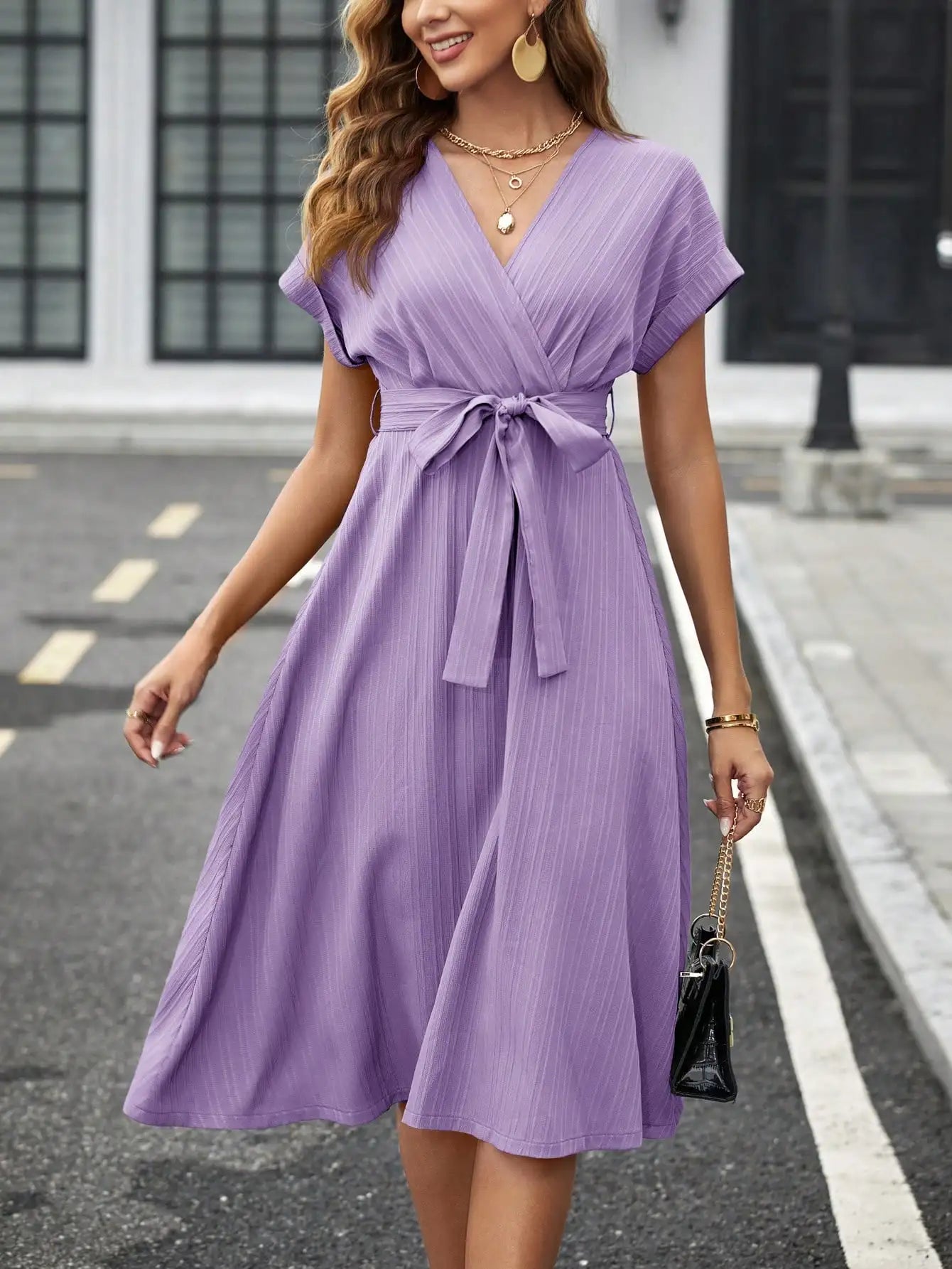 V-Neck Wrap Midi Dress with Self Belt, Short Sleeve, Solid Color, A-Line Fit