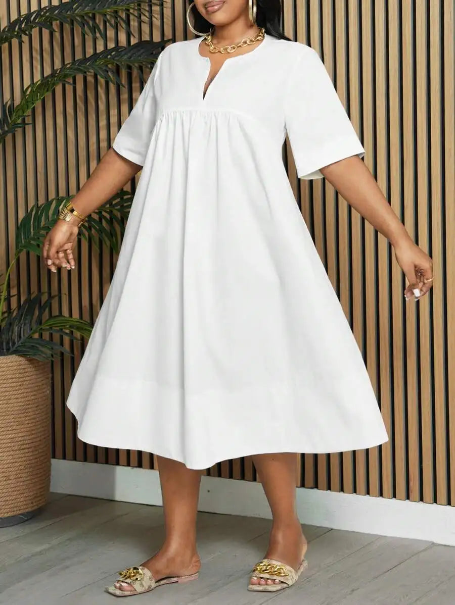 White Plus Size A-Line Knee Length Dress with Notch Neck and Short Sleeves
