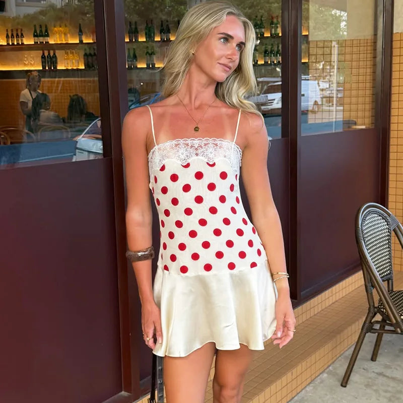 Lace Polka Dot Mini Skirt Sexy Patchwork Backless Slim Fit Camisole Dress Summer Fashion Retro Pure Desire Satin Soft Skin-Friendly A-Line Party Vacation Dress