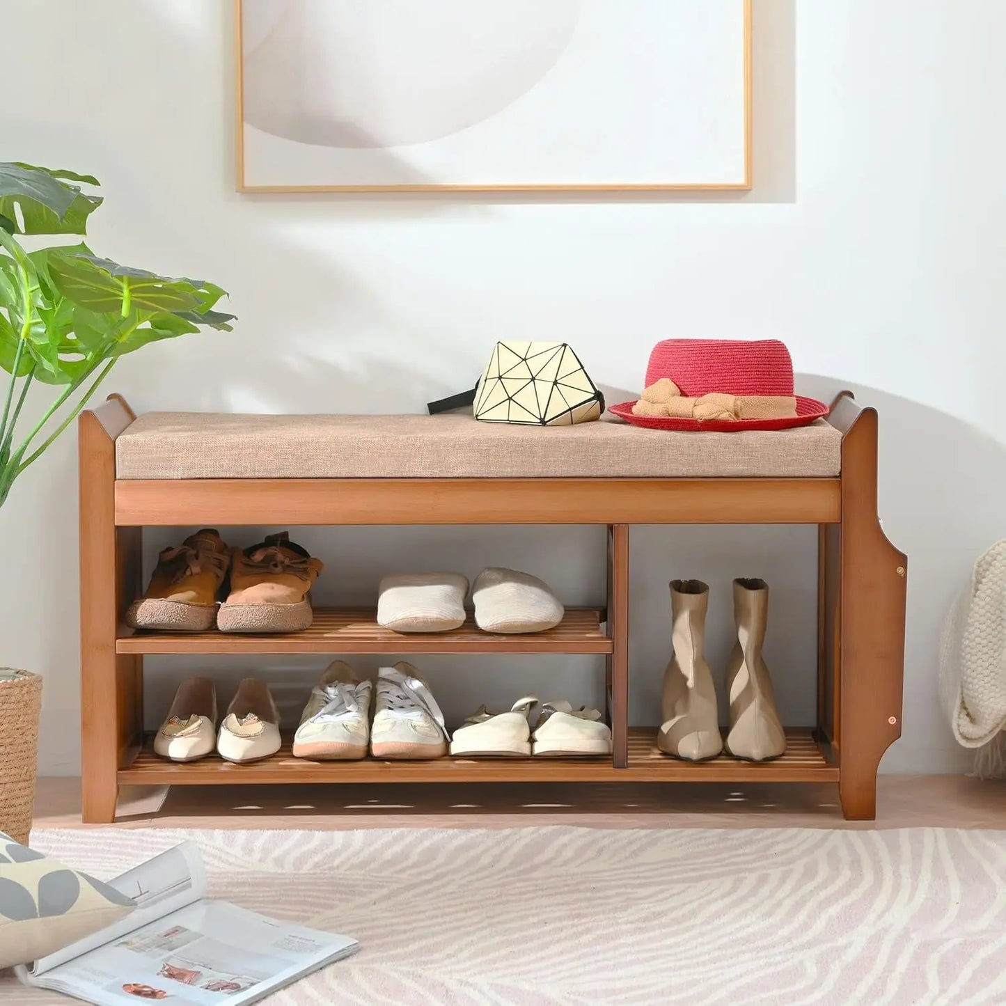 2-Tier Bamboo Shoe Bench with Hidden Drawer, Side Holder, and Cushion for Entryway Storage