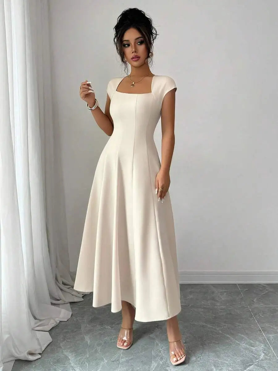 Elegant Square Neck A Line Midi Dress For Spring Summer