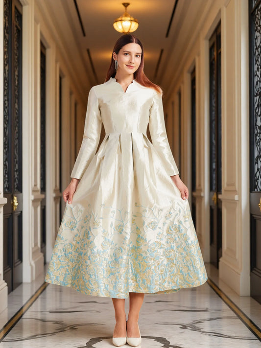 New Plus Size Slimming Dress - Champagne Gold Gradient Jacquard Stand-Collar Long Sleeve Tummy-Control Flared Evening Gown