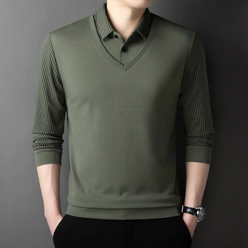 2025 New Men's Casual and Fashionable Long Sleeved Solid Color Fake Two-piece Polo Shirt Business All Season Versatile Top