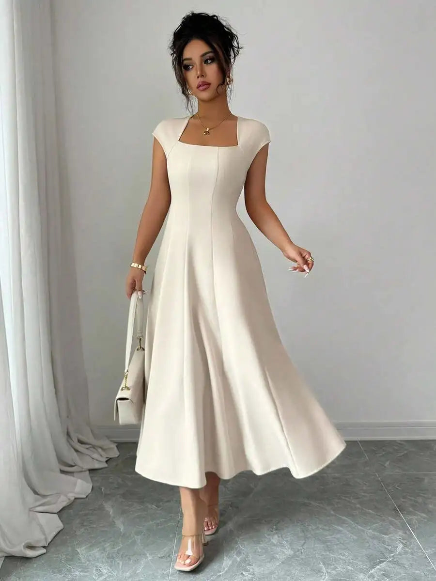 Elegant Square Neck A Line Midi Dress For Spring Summer