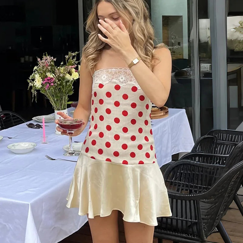 Lace Polka Dot Mini Skirt Sexy Patchwork Backless Slim Fit Camisole Dress Summer Fashion Retro Pure Desire Satin Soft Skin-Friendly A-Line Party Vacation Dress
