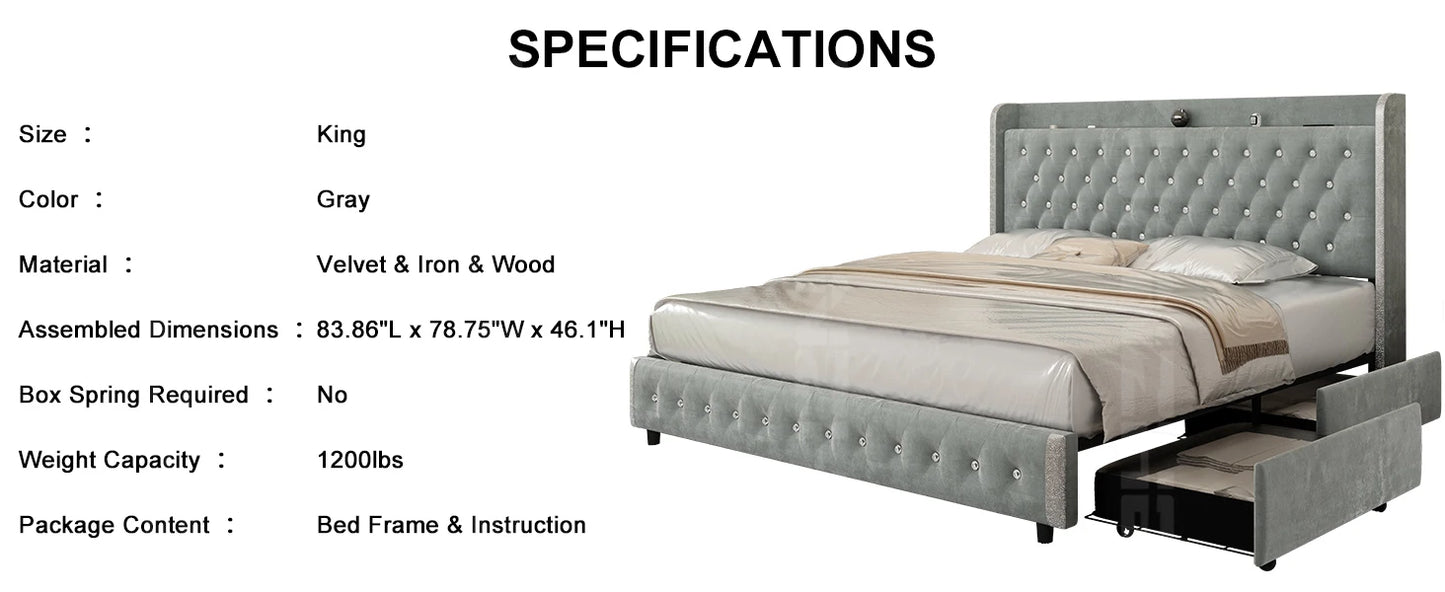 GEGOFORU Queen LED Bed Frame with Galaxy Projector, Bluetooth Speaker, USB Ports, 4 Drawers, No Box Spring Needed, PU Black