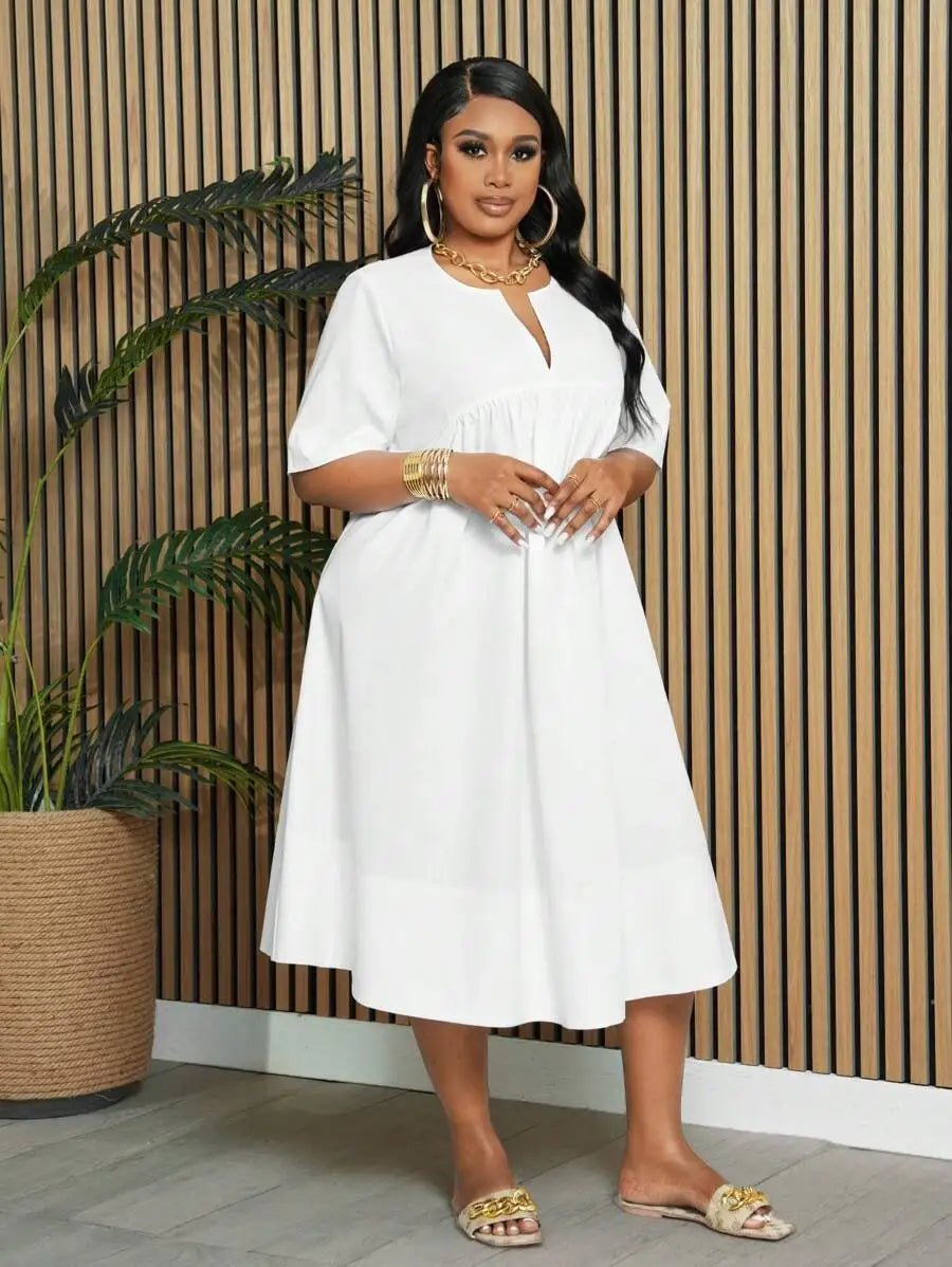 White Plus Size A-Line Knee Length Dress with Notch Neck and Short Sleeves