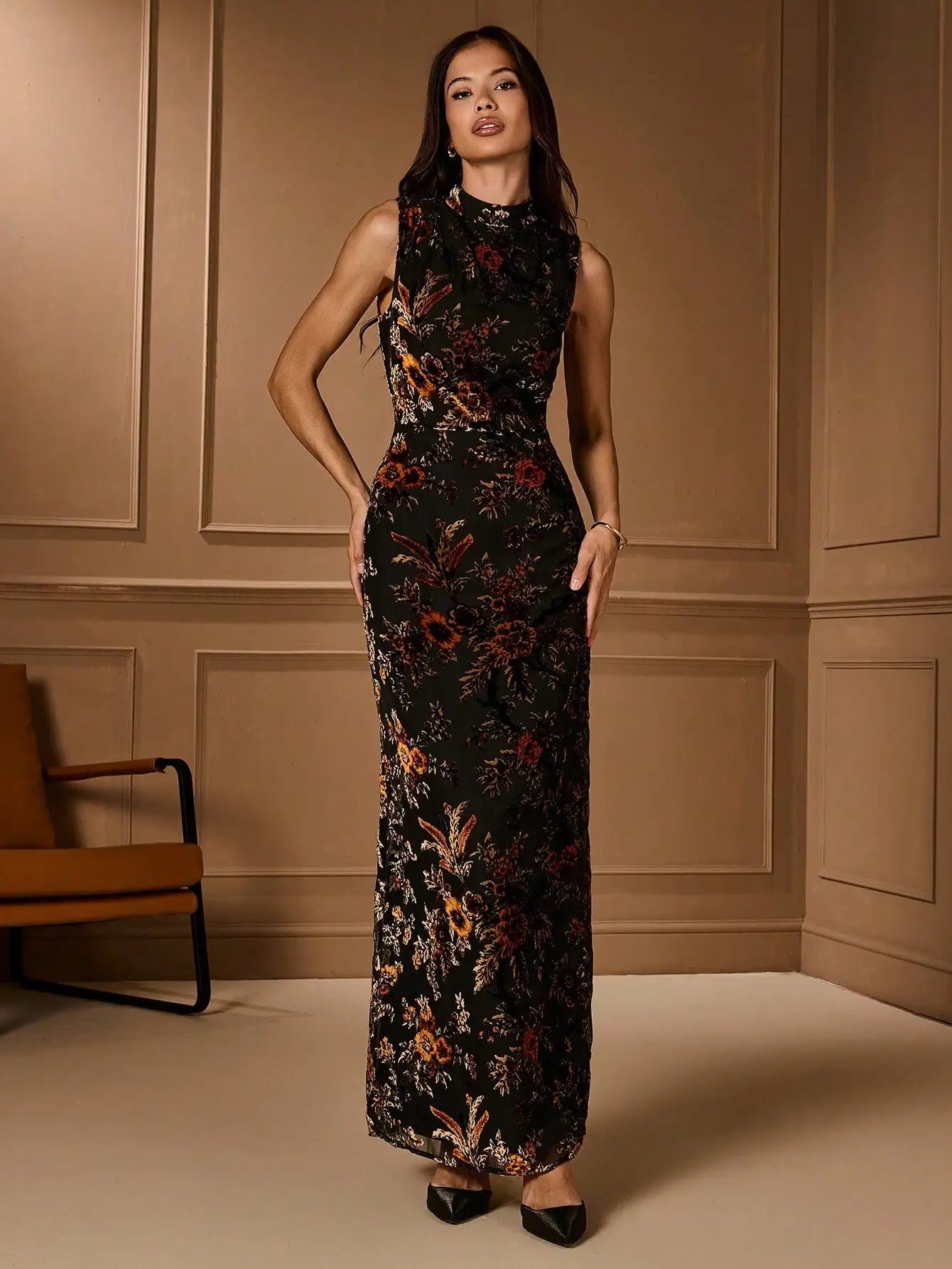 Women's Floral Jacquard Sleeveless Stand Collar Dress
