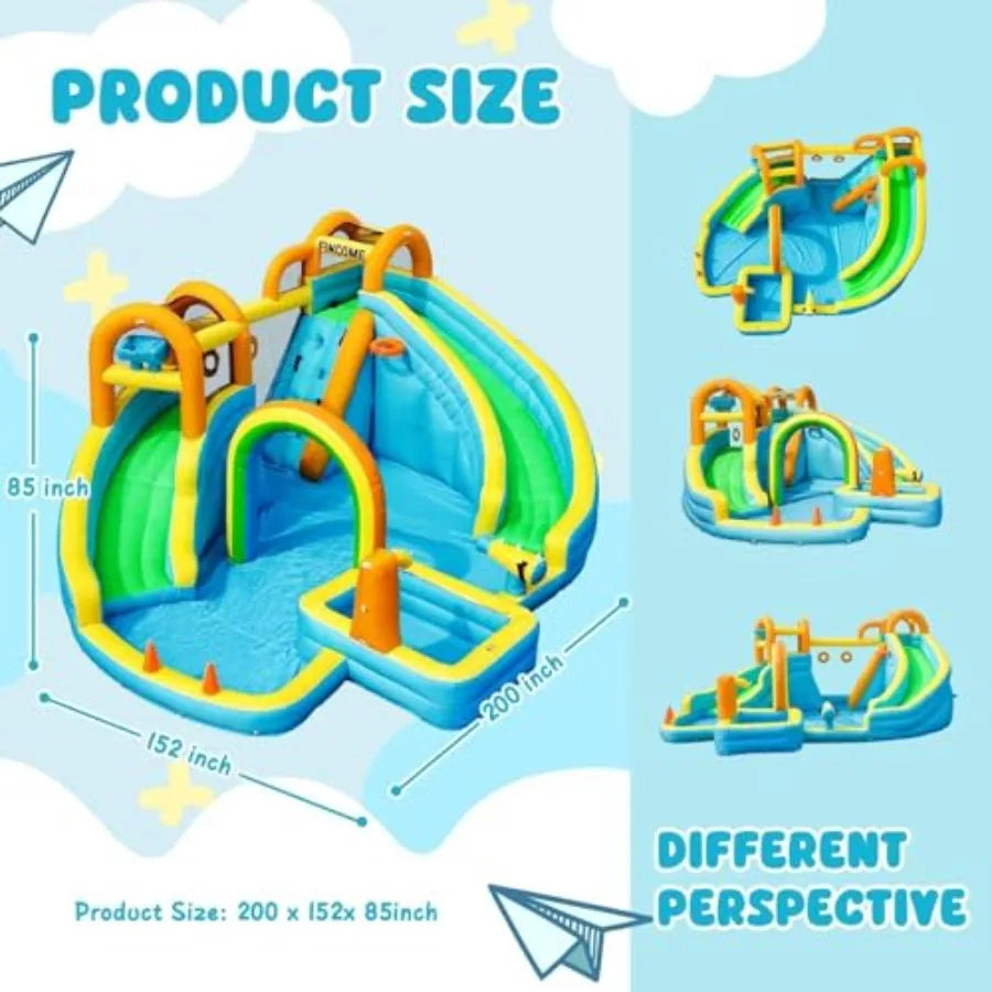 Inflatable Water Slide Bounce House with 2 Slides for Inflatable Waterslide Park with Splash Pool Basketball Hoop Ball Shooting