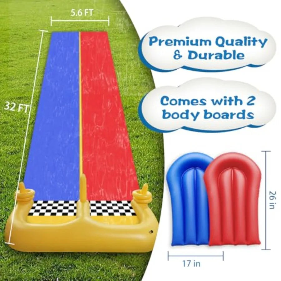 30×5.6FT Lawn Water Slide and 2 InflatableBoards 4 Ring Toss Extra Long Double Lawn Splash Mat Pad with Sprinkler for Adults Ba