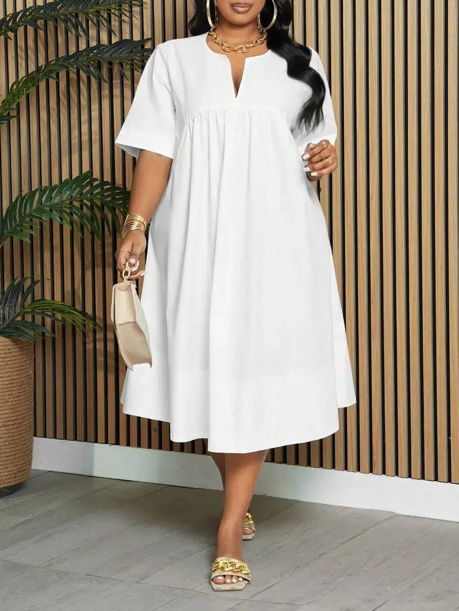 White Plus Size A-Line Knee Length Dress with Notch Neck and Short Sleeves