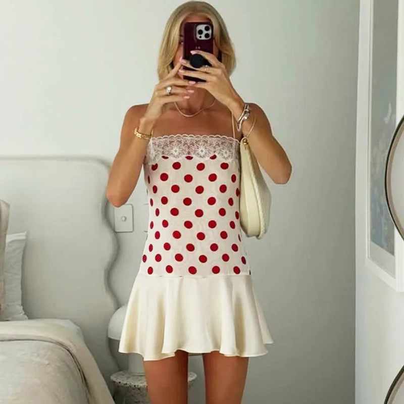 Lace Polka Dot Mini Skirt Sexy Patchwork Backless Slim Fit Camisole Dress Summer Fashion Retro Pure Desire Satin Soft Skin-Friendly A-Line Party Vacation Dress