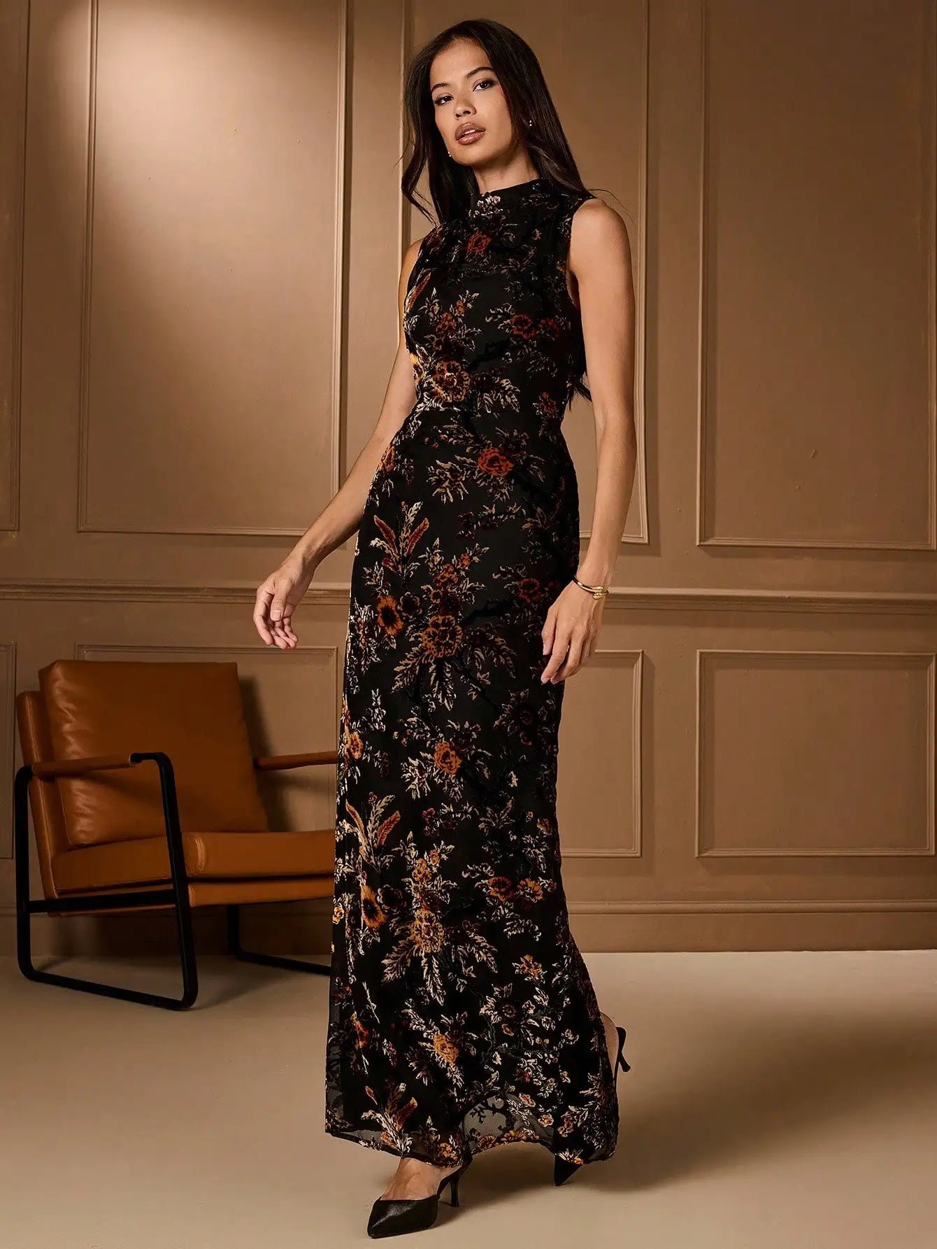 Women's Floral Jacquard Sleeveless Stand Collar Dress