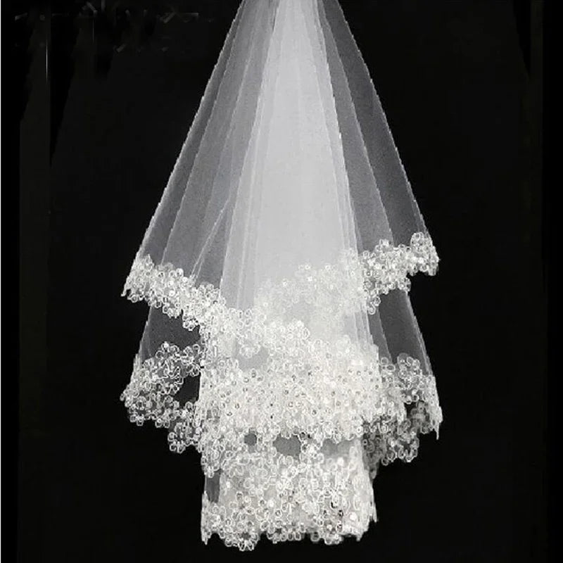 White Sequins Edge Tulle Bridal Wedding Veils One Tier Beaded 120cm Bride Accessory 2024