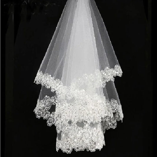 White Sequins Edge Tulle Bridal Wedding Veils One Tier Beaded 120cm Bride Accessory 2024
